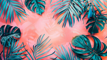 Naklejka premium Tropical bright colorful background with exotic painted palm leaves. Minimal fashion summer concept.
