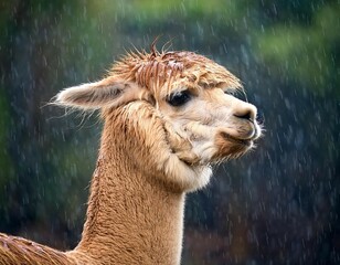 Fototapeta premium fawn coloured alpaca llama wet in the driving rain