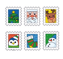 Set of cute hand-drawn post stamps with Christmas and New Year attributes,