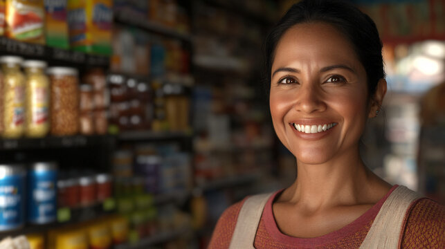 Portrait of a happy female grocer smiling in her grocery store or small business