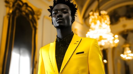Obraz premium Neon-dressed guest radiating individuality at a formal gala in monochrome, neon color fashion, personality contrast in black-and-white setting