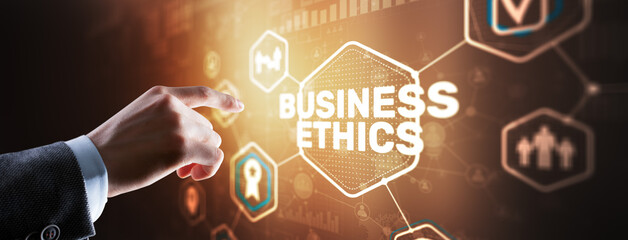 Business man writing business ethic concept on virtual screen
