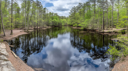 Obraz premium Serene Spring River Reflection Photo
