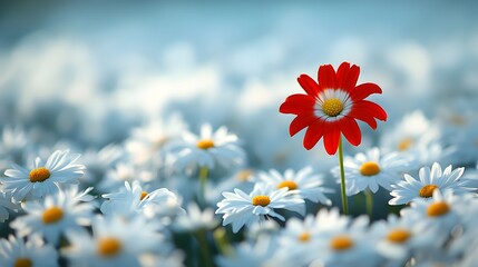 One intense red orchid thriving in an endless field of white daisies, its bold presence is a symbol of individuality in a sea of sameness