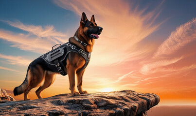 Heroic German Shepherd Posing at Sunset