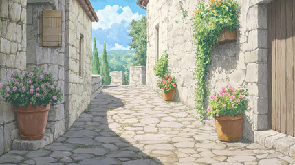 Obraz premium Italian Village Alleyway with Flowers and Stone Path