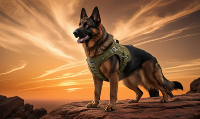Heroic German Shepherd Posing at Sunset