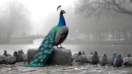 Peacock standing tall among pigeons in a desaturated environment, symbolizing self-confidence and uniqueness. peacock, pigeons, self-confidence