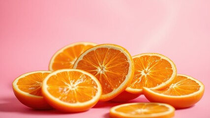 Fototapeta premium A cluster of fresh orange slices, revealing their juicy interiors, against a soft pink backdrop.