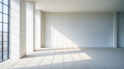 Obraz premium Bright white brick wall and window with sunlight streaming in, minimalist interior space.