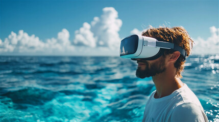 Virtual tours concept. A man wearing a virtual reality headset looks at the beautiful sea and clear sky. Generative AI.