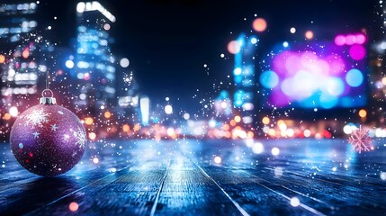 Obraz premium Festive city square with a massive billboard glowing under Christmas lights, snowflakes, and ornaments, ideal for New Year advertisements, busy urban scene