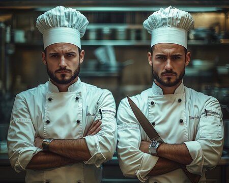 Rival Chefs in Gourmet Kitchen Before Cooking Competition Showdown