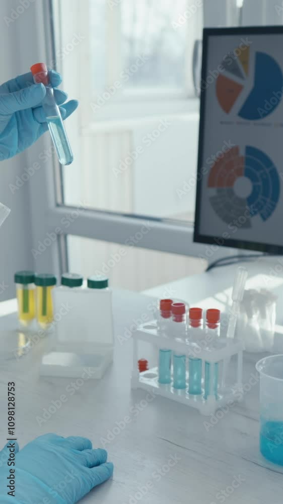 Poster A Scientist conducts Lab Research and Analysis, using Test Tubes and Glassware, sharing findings with the scientific community to enhance knowledge and foster innovation across various fields