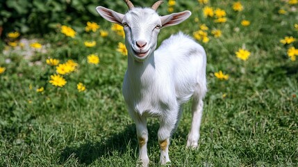 Obraz premium A playful white goat stands in a sunny meadow filled with vibrant yellow flowers, creating a charming rural scene. The goat appears happy and curious, making it a perfect image for nature or farm