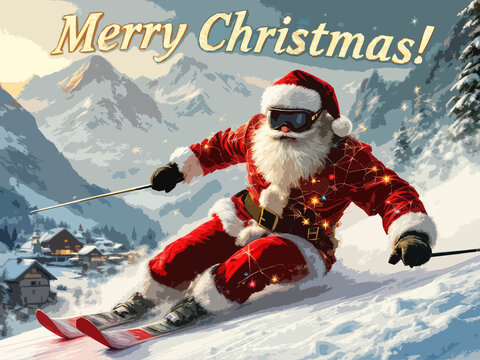 Christmas poster of Santa Claus riding down the mountain on alpine skis . High quality illustration