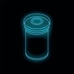 Fototapeta premium Neon blue glowing outline of a medicine or supplement bottle on a black background