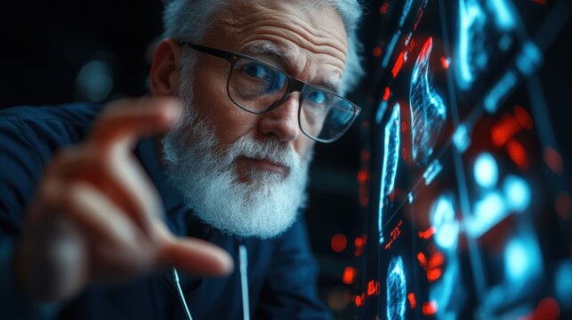 Senior scientist analyzing data on advanced holographic display in high-tech laboratory