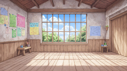 Fototapeta premium Empty Classroom with Sunlight Streaming Through Window