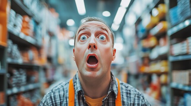 A grocery store worker in uniform reacts with wide eyes, his mouth open in astonishment. The vibrant store environment and his exaggerated facial expression highlight a moment of shock or amazement in