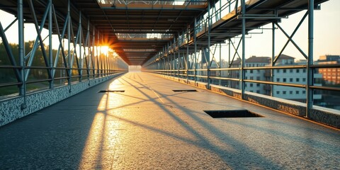 A long, narrow pathway stretches towards a distant horizon, bathed in the warm glow of sunrise, framed by a skeletal scaffolding overhead, casting intricate shadows on the textured concrete surface.