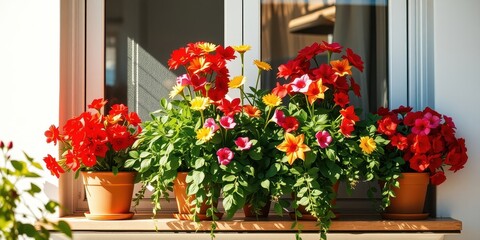 A windowsill adorned with vibrant potted flowers, showcasing a symphony of red, yellow, and pink hues, creating a delightful and colorful display.