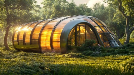 Obraz premium Futuristic Transparent Dome Greenhouse in Natural Forest Landscape