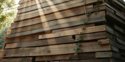 Sunlight streams through a stack of weathered wooden planks, highlighting the natural textures and the vine climbing its way up the side