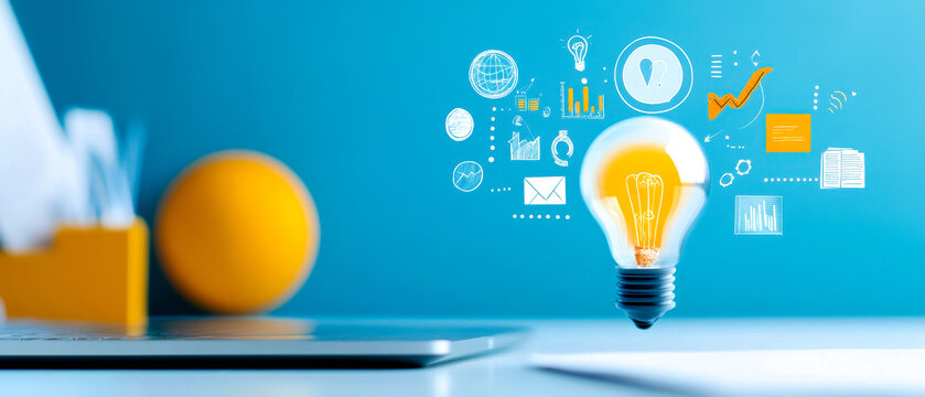 A bright light bulb illuminates a workspace, symbolizing innovative ideas and creativity with colorful digital icons representing various concepts.