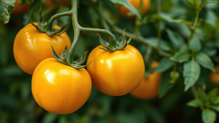 Selective focus on bunch of ripe yellow tomatoes hanging on the vine, agriculture, ripe fruit