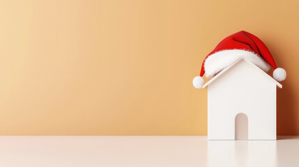 Fototapeta premium christmas house in santa hat banner, christmas real estate discounts, property insurance,holiday credit, mortgage