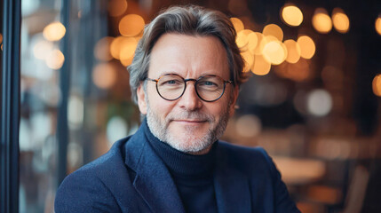 Obraz premium Confident mature man with glasses and gray beard smiling indoors with warm golden bokeh lights in background.
