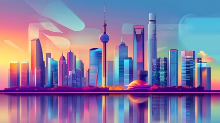 Obraz premium Vibrant Shanghai Skyline Cityscape at Sunset