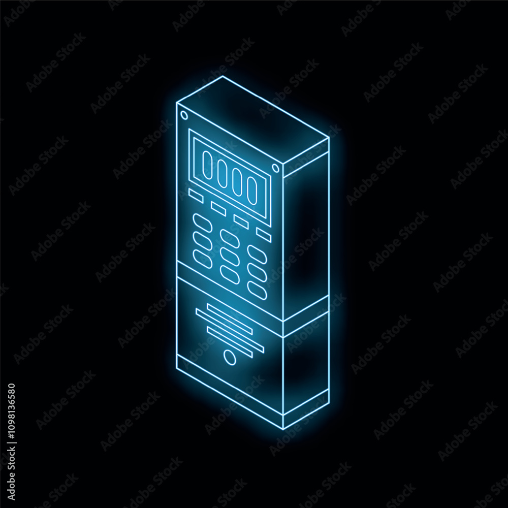 Poster neon intercom system with buttons and display glowing blue on black background