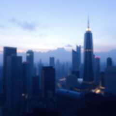 Fototapeta premium Softly focused cityscape at dusk with blurred skyscrapers and abstract blue background, dusk light, abstract colors, blurred building, urban landscape