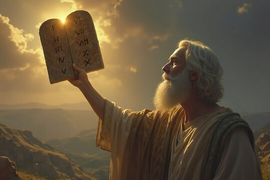 Moses carries stone tablets with Ten Commandments inscribed on them. old bearded jewish man Mose with 10 commandments on stone tablets. torah old testament. mount sinai in Egypt. sunset in mountain.