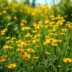 Obraz premium Tranquil scene of yellow common tansies in the meadow, sustainability, outdoor activity