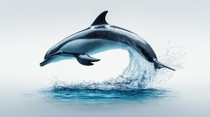 Obraz premium Playful dolphin mid-leap, vivid turquoise waves below, sunlight glinting on water droplets, expansive clear sky adding a touch of vastness