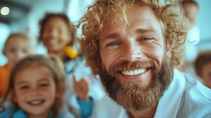Happy teacher interacts with enthusiastic children in a bright classroom setting