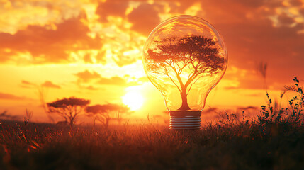 Fototapeta premium Glowing Lightbulb Hanging from Tree Silhouette at Vibrant Sunset with Orange Glow