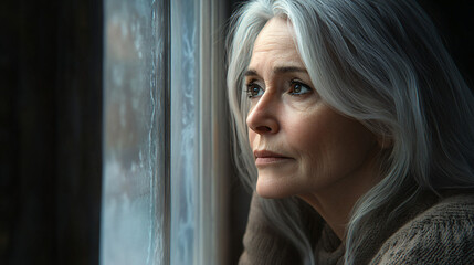Fototapeta premium Mature woman with long gray hair gazing thoughtfully through a frosty window, deep in contemplation on a chilly winter day