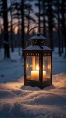A lantern is lit up in the snow, casting a warm glow on the surrounding trees