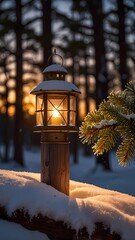 A lantern is lit up in the snow, casting a warm glow on the surrounding trees
