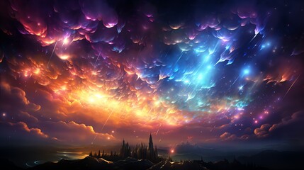 Fototapeta premium Fantasy landscape with vibrant clouds and shooting stars.