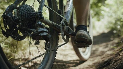 Naklejka premium Close-Up View of a Cyclist's Foot Engaging the Pedal on a Mountain Trail, Capturing the Essence of Outdoor Adventure and Nature Exploration