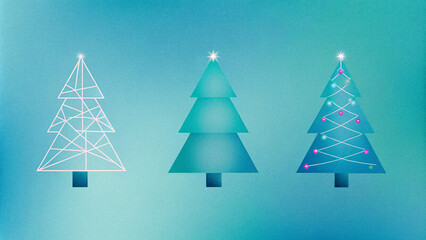 Obraz premium Stylized vector design of Christmas trees in different modern styles, including minimalist, geometric, and hand-drawn, decorated with lights and baubles, perfect for gift wrap patterns