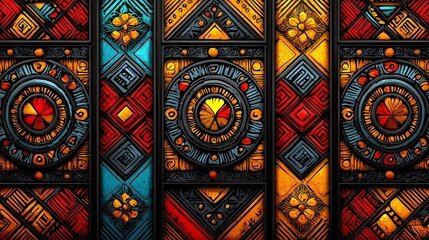 Vibrant Tribal Pattern with Bold Geometric Shapes in Warm Colors