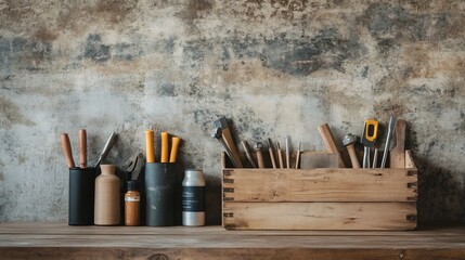 Carpenter's Toolbox with Arranged Woodworking Tools and Finishes on Workbench