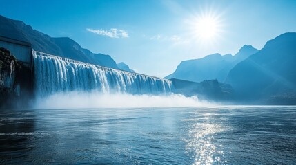 Fototapeta premium Three Gorges Dam Splendor, majestic dam cascading water into stunning scenery, brilliant blue sky, sunlit mountains, vibrant river surface, nature's breathtaking beauty unfolds.