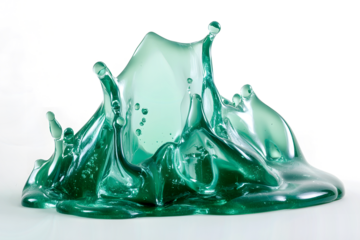 Clusters of liquid emerald droplets, positioned in a triangular configuration with smooth and liquid splash, transparent background, PNG file
